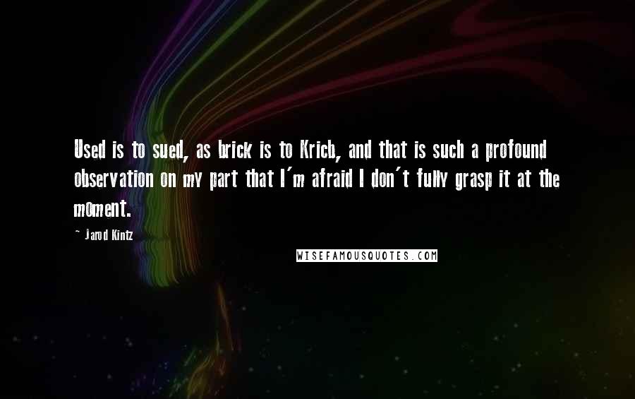 Jarod Kintz Quotes: Used is to sued, as brick is to Kricb, and that is such a profound observation on my part that I'm afraid I don't fully grasp it at the moment.