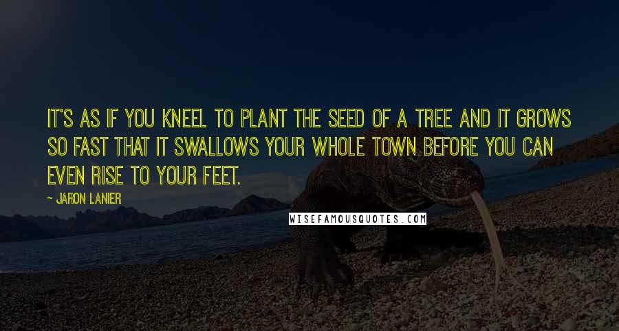 Jaron Lanier Quotes: It's as if you kneel to plant the seed of a tree and it grows so fast that it swallows your whole town before you can even rise to your feet.