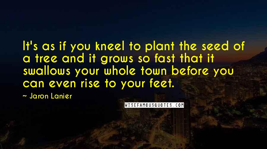 Jaron Lanier Quotes: It's as if you kneel to plant the seed of a tree and it grows so fast that it swallows your whole town before you can even rise to your feet.