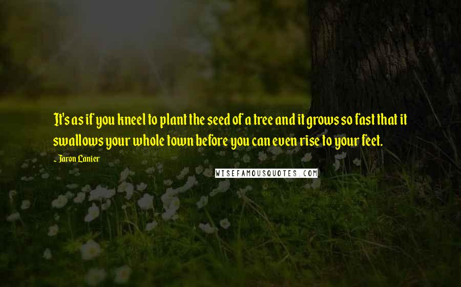 Jaron Lanier Quotes: It's as if you kneel to plant the seed of a tree and it grows so fast that it swallows your whole town before you can even rise to your feet.