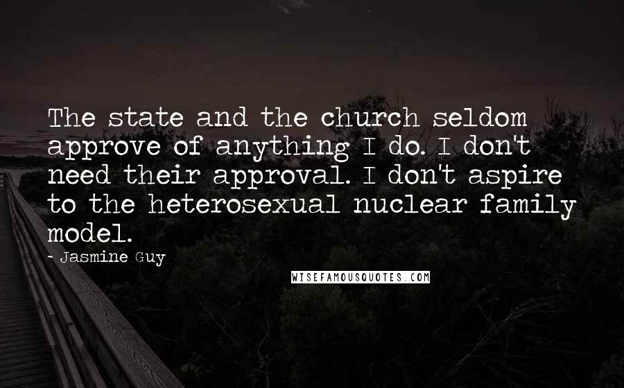 Jasmine Guy Quotes: The state and the church seldom approve of anything I do. I don't need their approval. I don't aspire to the heterosexual nuclear family model.