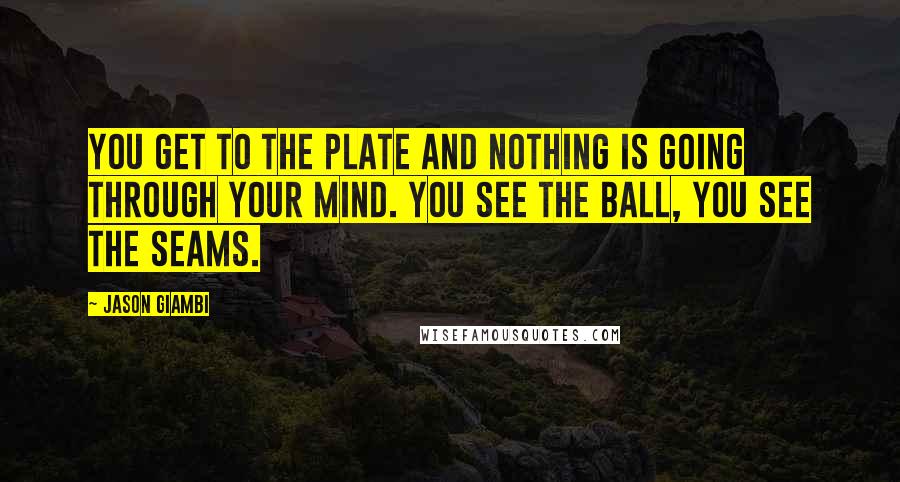 Jason Giambi Quotes: You get to the plate and nothing is going through your mind. You see the ball, you see the seams.