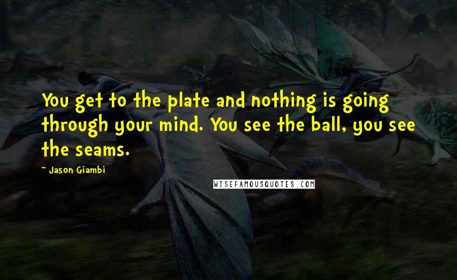 Jason Giambi Quotes: You get to the plate and nothing is going through your mind. You see the ball, you see the seams.