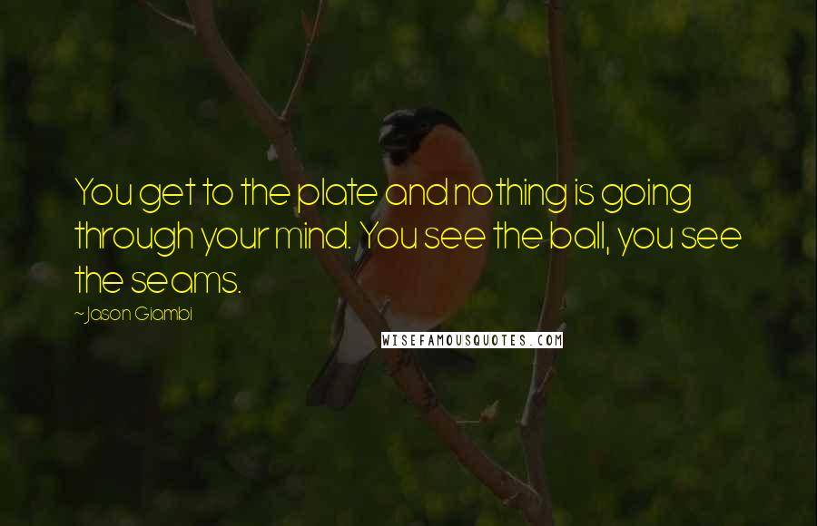 Jason Giambi Quotes: You get to the plate and nothing is going through your mind. You see the ball, you see the seams.