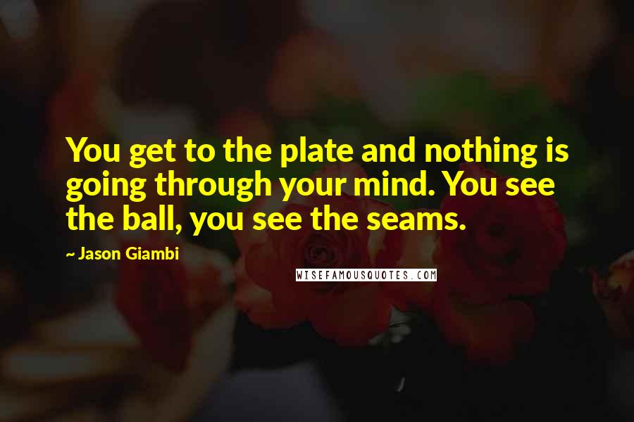 Jason Giambi Quotes: You get to the plate and nothing is going through your mind. You see the ball, you see the seams.