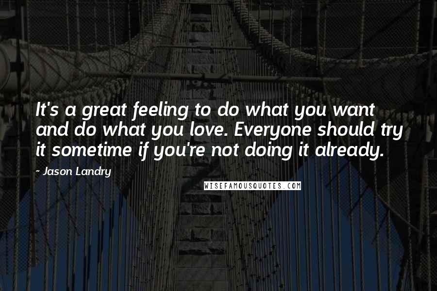Jason Landry Quotes: It's a great feeling to do what you want and do what you love. Everyone should try it sometime if you're not doing it already.