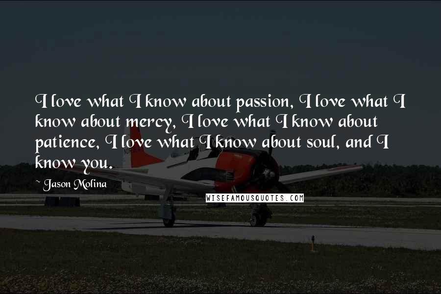 Jason Molina Quotes: I love what I know about passion, I love what I know about mercy, I love what I know about patience, I love what I know about soul, and I know you.