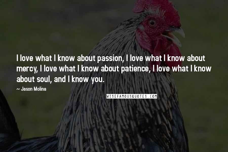 Jason Molina Quotes: I love what I know about passion, I love what I know about mercy, I love what I know about patience, I love what I know about soul, and I know you.