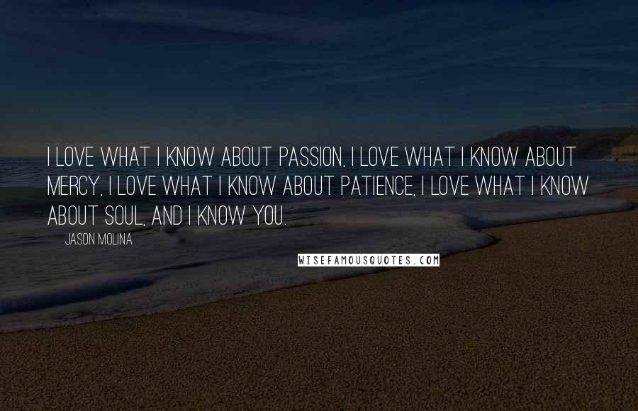 Jason Molina Quotes: I love what I know about passion, I love what I know about mercy, I love what I know about patience, I love what I know about soul, and I know you.