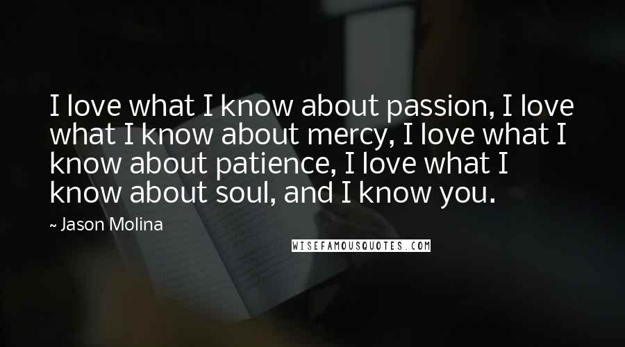 Jason Molina Quotes: I love what I know about passion, I love what I know about mercy, I love what I know about patience, I love what I know about soul, and I know you.