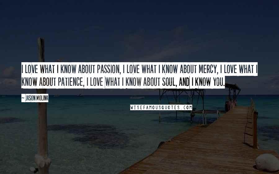 Jason Molina Quotes: I love what I know about passion, I love what I know about mercy, I love what I know about patience, I love what I know about soul, and I know you.