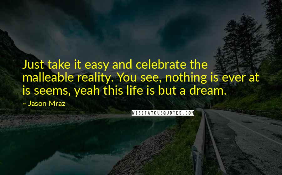 Jason Mraz Quotes: Just take it easy and celebrate the malleable reality. You see, nothing is ever at is seems, yeah this life is but a dream.