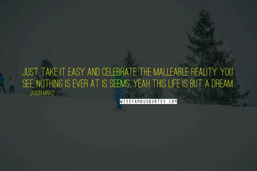 Jason Mraz Quotes: Just take it easy and celebrate the malleable reality. You see, nothing is ever at is seems, yeah this life is but a dream.