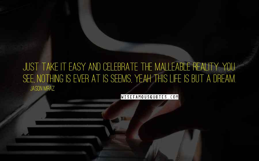 Jason Mraz Quotes: Just take it easy and celebrate the malleable reality. You see, nothing is ever at is seems, yeah this life is but a dream.