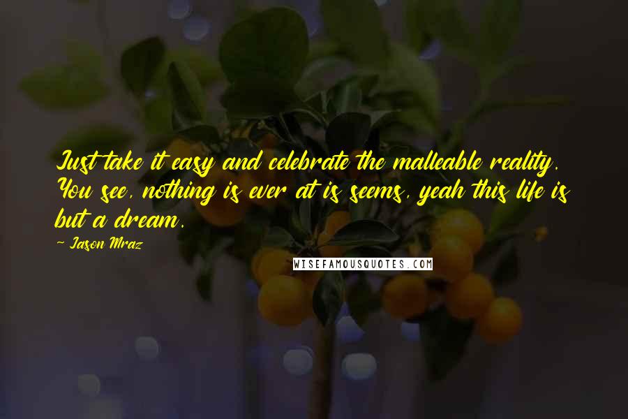 Jason Mraz Quotes: Just take it easy and celebrate the malleable reality. You see, nothing is ever at is seems, yeah this life is but a dream.