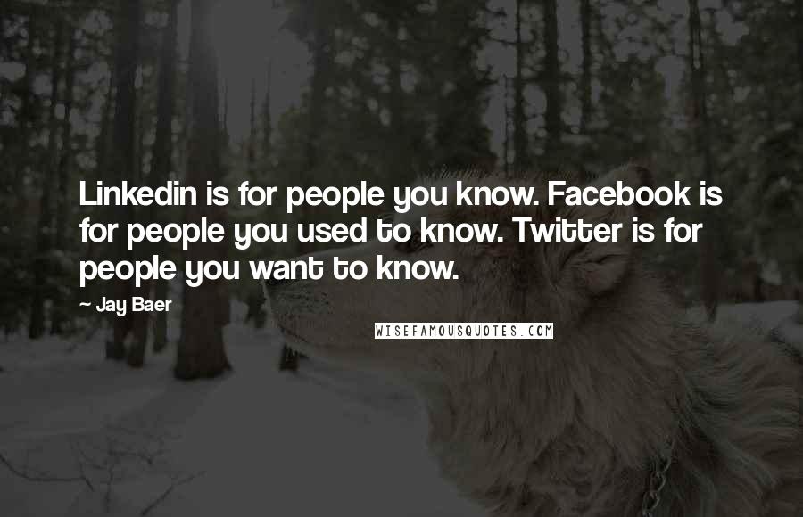 Jay Baer Quotes: Linkedin is for people you know. Facebook is for people you used to know. Twitter is for people you want to know.