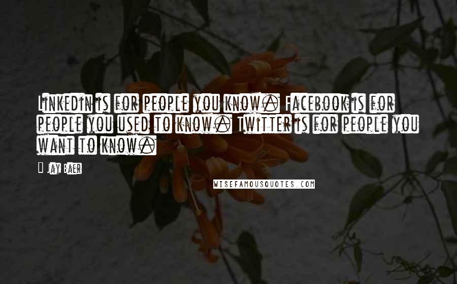 Jay Baer Quotes: Linkedin is for people you know. Facebook is for people you used to know. Twitter is for people you want to know.