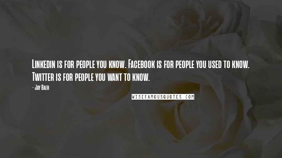 Jay Baer Quotes: Linkedin is for people you know. Facebook is for people you used to know. Twitter is for people you want to know.