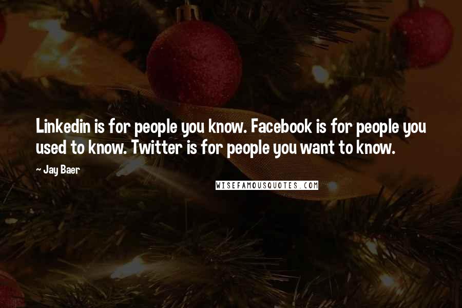 Jay Baer Quotes: Linkedin is for people you know. Facebook is for people you used to know. Twitter is for people you want to know.