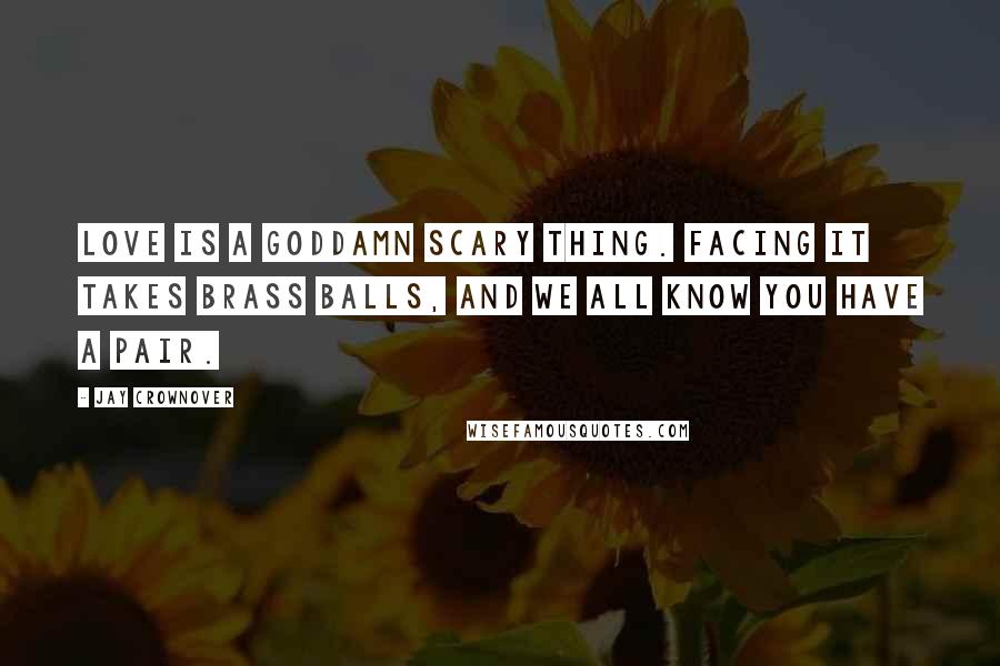 Jay Crownover Quotes: Love is a goddamn scary thing. Facing it takes brass balls, and we all know you have a pair.