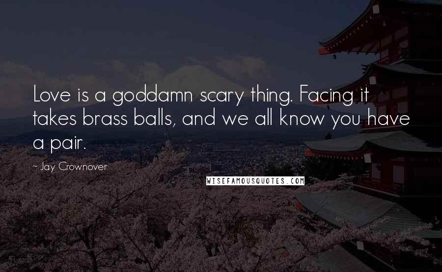 Jay Crownover Quotes: Love is a goddamn scary thing. Facing it takes brass balls, and we all know you have a pair.