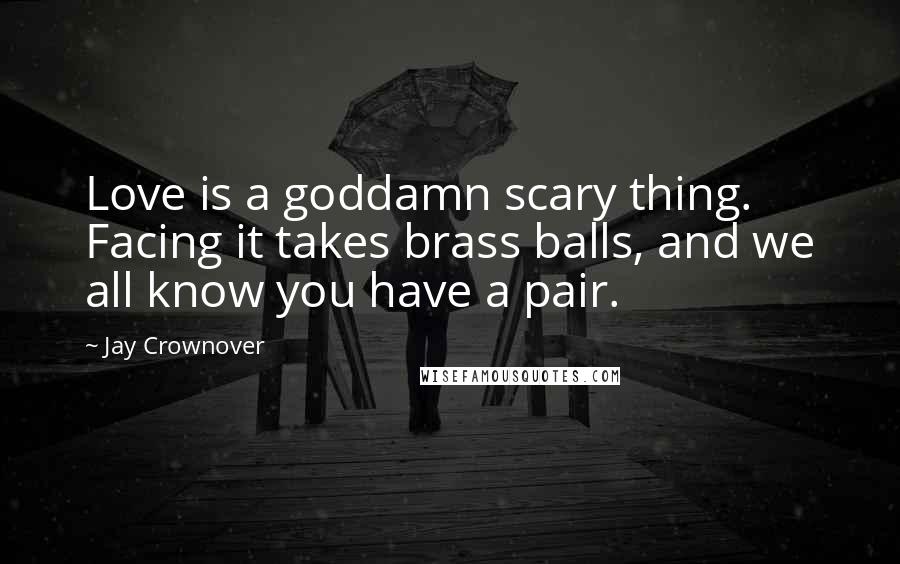 Jay Crownover Quotes: Love is a goddamn scary thing. Facing it takes brass balls, and we all know you have a pair.