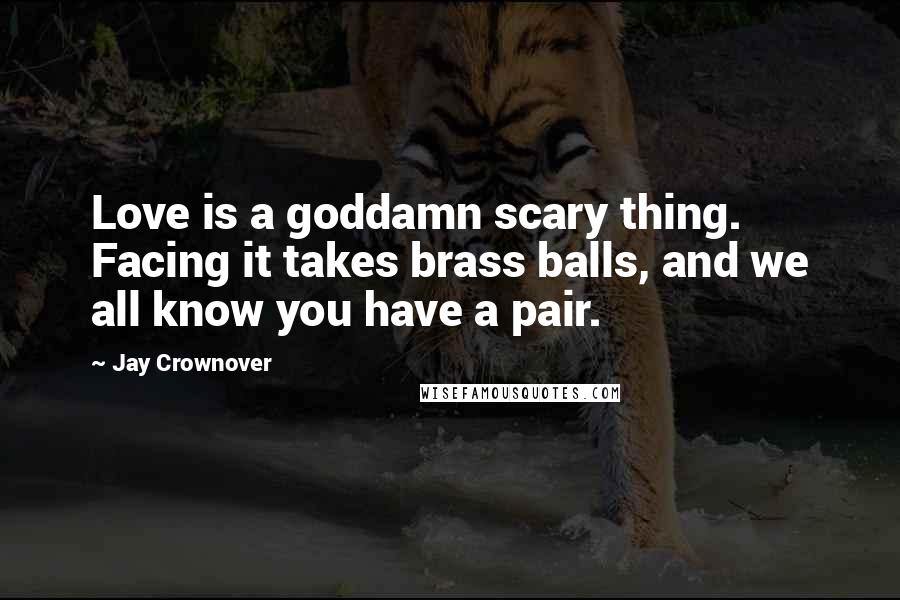 Jay Crownover Quotes: Love is a goddamn scary thing. Facing it takes brass balls, and we all know you have a pair.