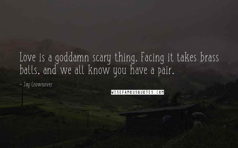 Jay Crownover Quotes: Love is a goddamn scary thing. Facing it takes brass balls, and we all know you have a pair.