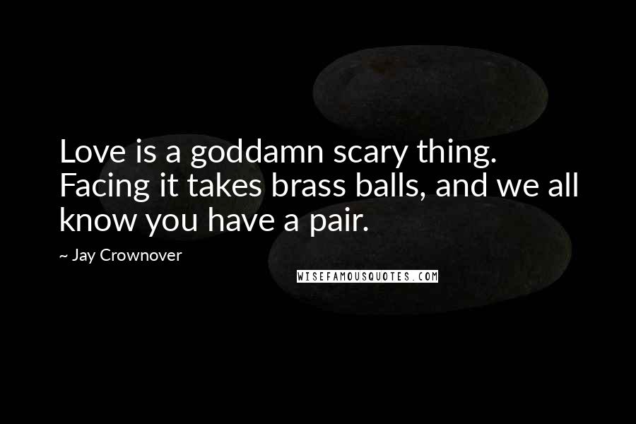 Jay Crownover Quotes: Love is a goddamn scary thing. Facing it takes brass balls, and we all know you have a pair.