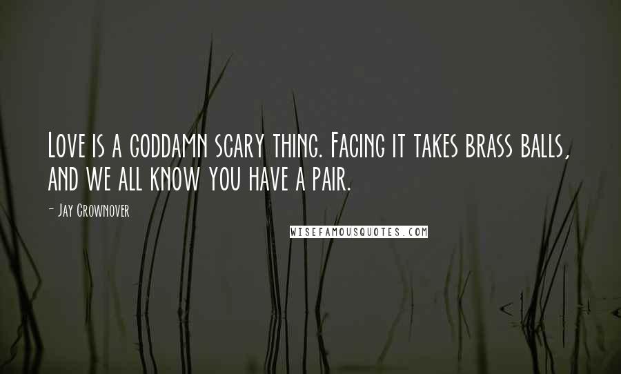 Jay Crownover Quotes: Love is a goddamn scary thing. Facing it takes brass balls, and we all know you have a pair.