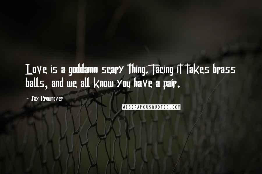 Jay Crownover Quotes: Love is a goddamn scary thing. Facing it takes brass balls, and we all know you have a pair.