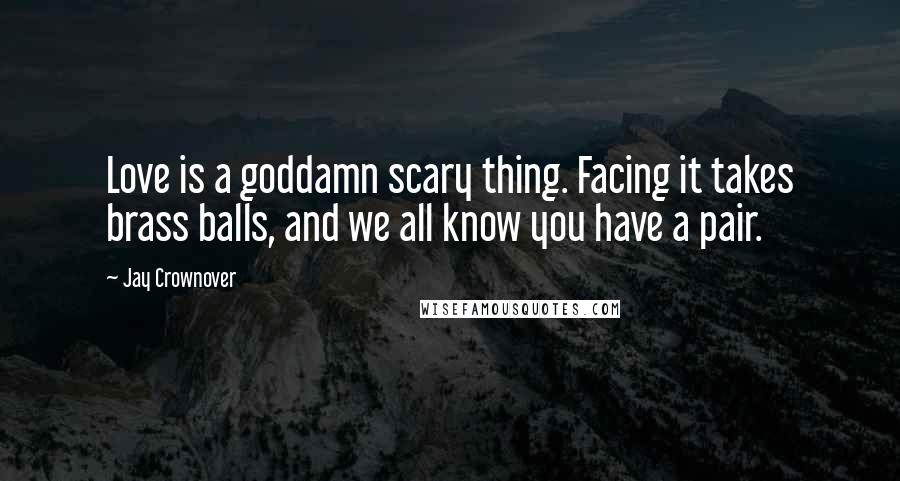 Jay Crownover Quotes: Love is a goddamn scary thing. Facing it takes brass balls, and we all know you have a pair.