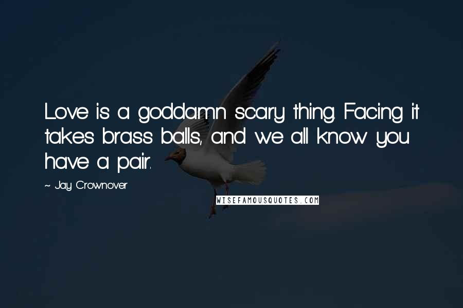 Jay Crownover Quotes: Love is a goddamn scary thing. Facing it takes brass balls, and we all know you have a pair.