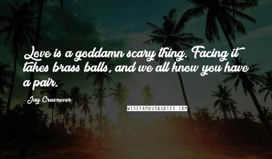 Jay Crownover Quotes: Love is a goddamn scary thing. Facing it takes brass balls, and we all know you have a pair.