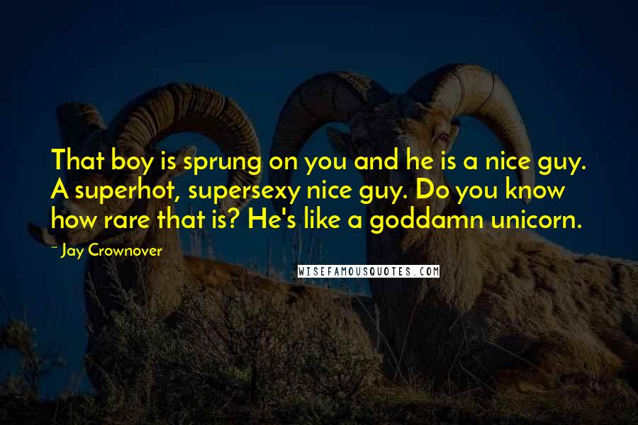 Jay Crownover Quotes: That boy is sprung on you and he is a nice guy. A superhot, supersexy nice guy. Do you know how rare that is? He's like a goddamn unicorn.