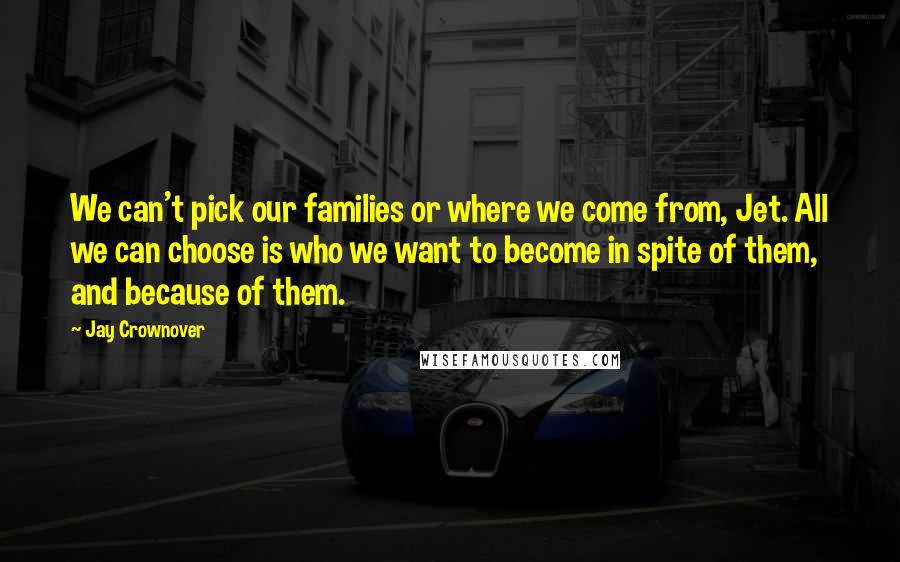 Jay Crownover Quotes: We can't pick our families or where we come from, Jet. All we can choose is who we want to become in spite of them, and because of them.