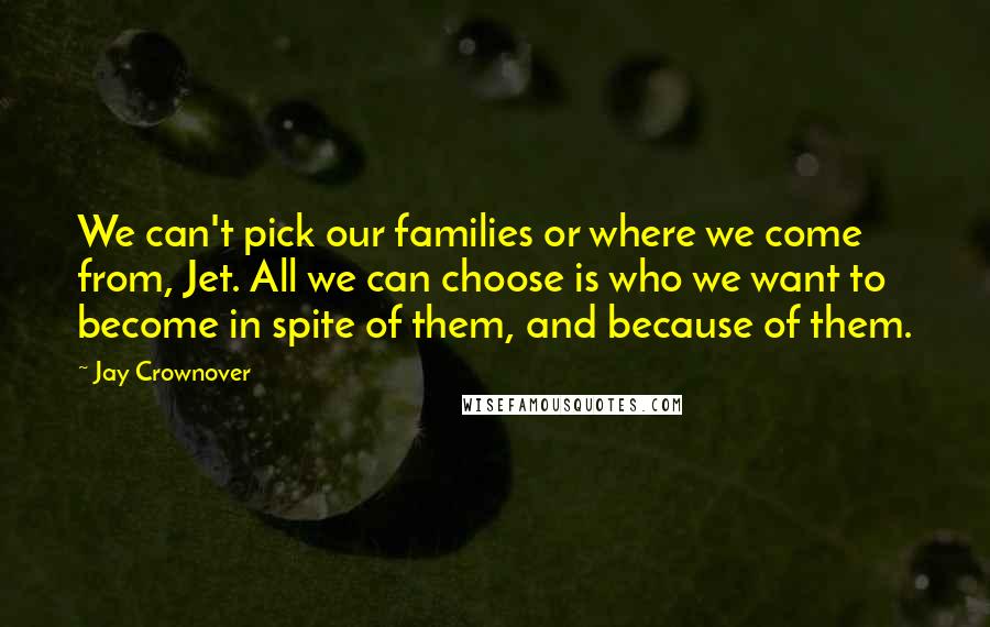 Jay Crownover Quotes: We can't pick our families or where we come from, Jet. All we can choose is who we want to become in spite of them, and because of them.