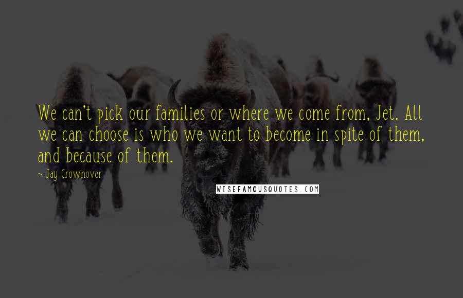 Jay Crownover Quotes: We can't pick our families or where we come from, Jet. All we can choose is who we want to become in spite of them, and because of them.