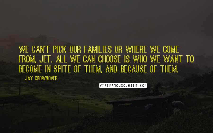 Jay Crownover Quotes: We can't pick our families or where we come from, Jet. All we can choose is who we want to become in spite of them, and because of them.