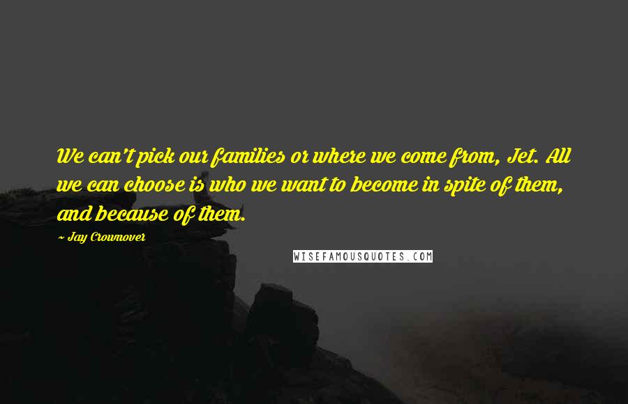 Jay Crownover Quotes: We can't pick our families or where we come from, Jet. All we can choose is who we want to become in spite of them, and because of them.