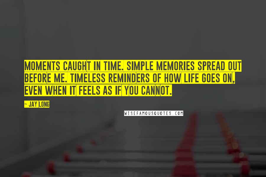 Jay Long Quotes: Moments caught in time. Simple memories spread out before me. Timeless reminders of how life goes on, even when it feels as if you cannot.