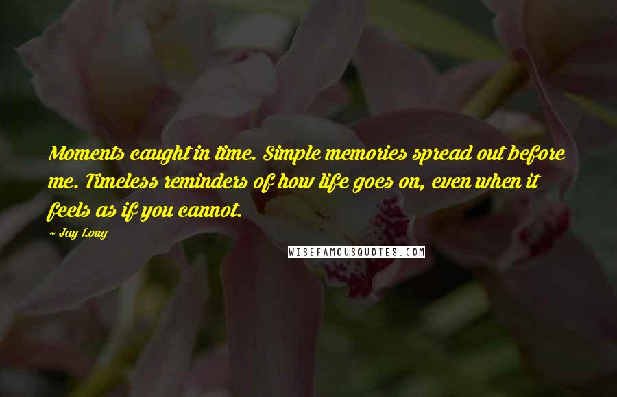 Jay Long Quotes: Moments caught in time. Simple memories spread out before me. Timeless reminders of how life goes on, even when it feels as if you cannot.