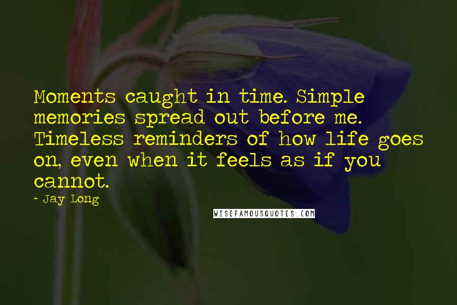 Jay Long Quotes: Moments caught in time. Simple memories spread out before me. Timeless reminders of how life goes on, even when it feels as if you cannot.