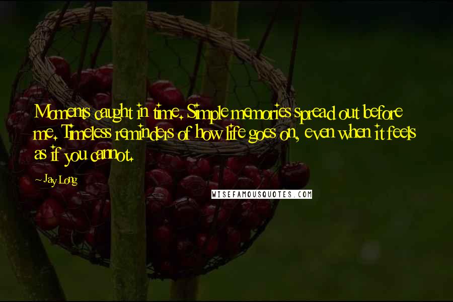 Jay Long Quotes: Moments caught in time. Simple memories spread out before me. Timeless reminders of how life goes on, even when it feels as if you cannot.