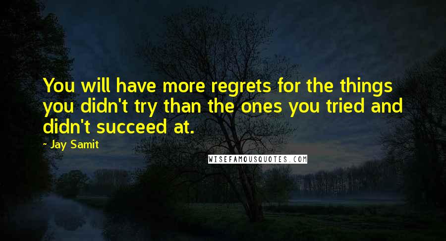 Jay Samit Quotes: You will have more regrets for the things you didn't try than the ones you tried and didn't succeed at.