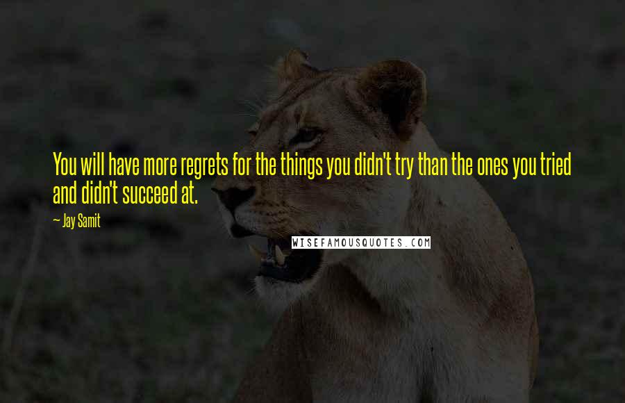 Jay Samit Quotes: You will have more regrets for the things you didn't try than the ones you tried and didn't succeed at.