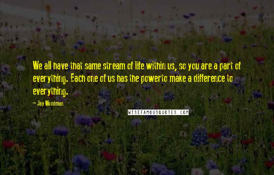 Jay Woodman Quotes: We all have that same stream of life within us, so you are a part of everything. Each one of us has the powerto make a difference to everything.