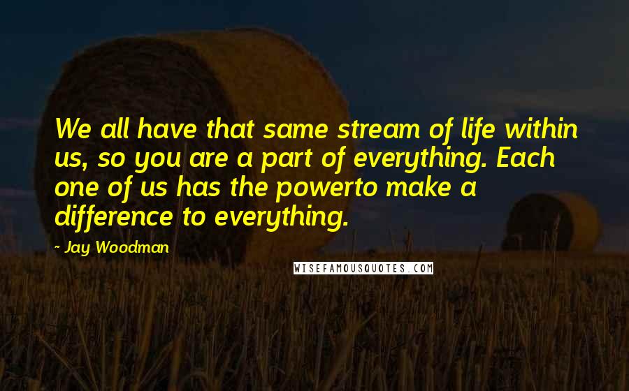 Jay Woodman Quotes: We all have that same stream of life within us, so you are a part of everything. Each one of us has the powerto make a difference to everything.