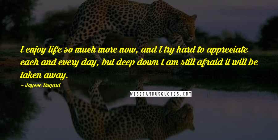 Jaycee Dugard Quotes: I enjoy life so much more now, and I try hard to appreciate each and every day, but deep down I am still afraid it will be taken away.