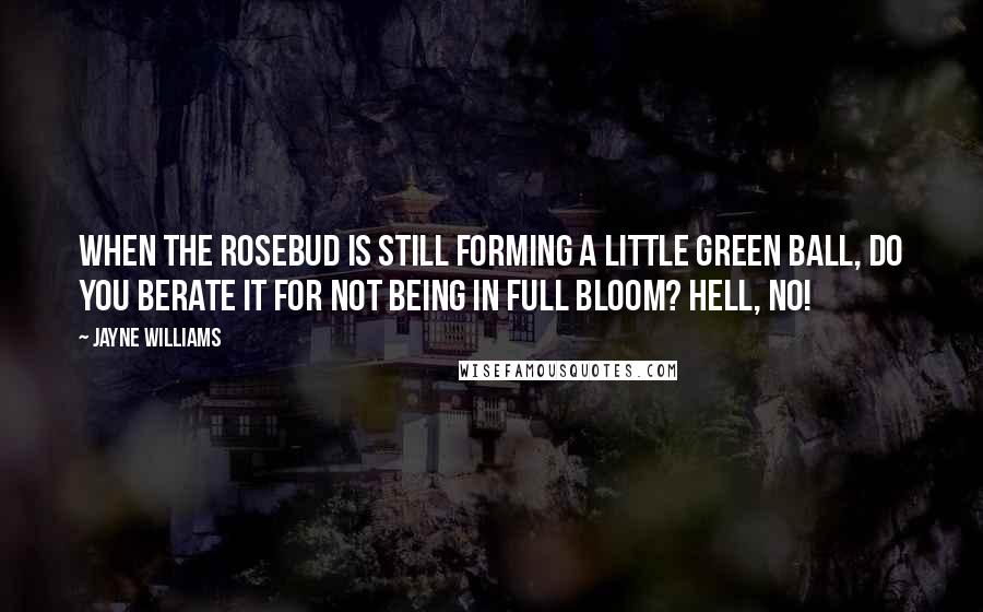 Jayne Williams Quotes: When the rosebud is still forming a little green ball, do you berate it for not being in full bloom? Hell, no!